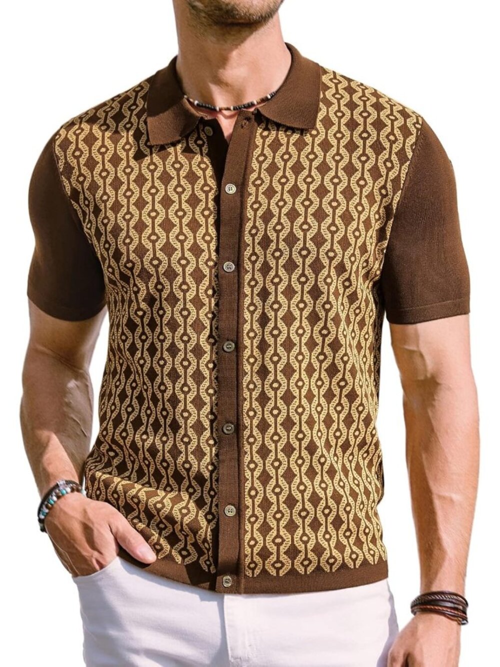 Men's Brown 70s Vintage Contrast Polo Short Sleeve Retro Knitwear Shirt